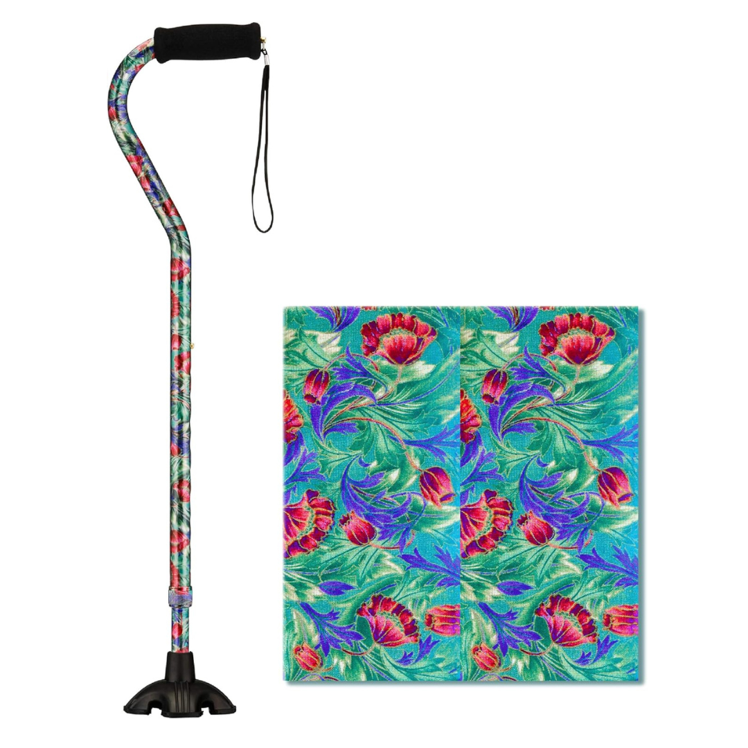 The Nova Medical Stand Alone SugarCane with Quad Tip features a vibrant red floral design on a turquoise background and includes a comfortable black rubber grip. It offers both elegance and stability with its sturdy Quad Tip base, complemented by a matching square fabric swatch.